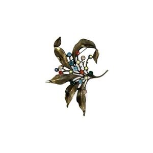 Vintage Signed Chico's  Colorful Rhinestone Leaf‎ Flower Plant Brooch Pin